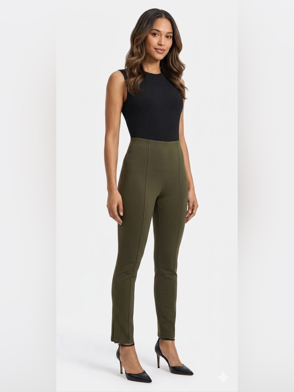 Olive Green Pintuck Ponte Pants with Adjustable Snap Button Hem Size Small